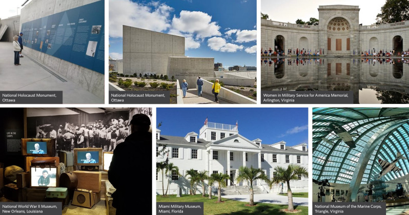 A compilation of photos showing Military Museums, Monuments and Memorials